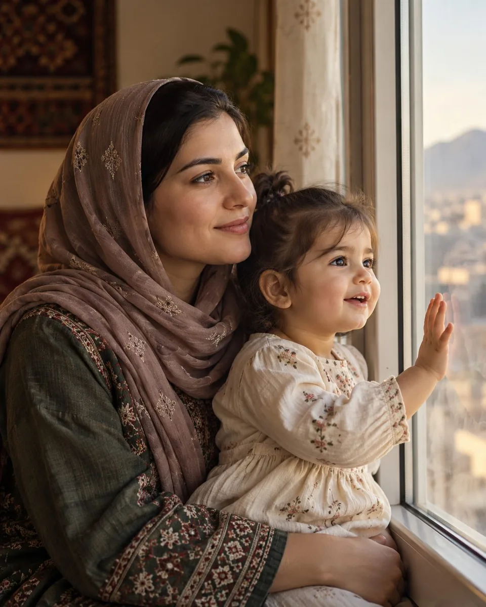 A mother and daughter looking out a window over Kabul